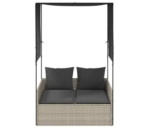 Kahekohaline Päevitustool Katuse Ja Kardinatega Helehall Rotang