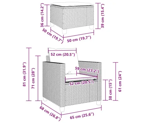 3-Daļīgs Bistro Mēbeļu Komplekts, Matrači,Pelēka Pe Rotangpalma Vidaxl