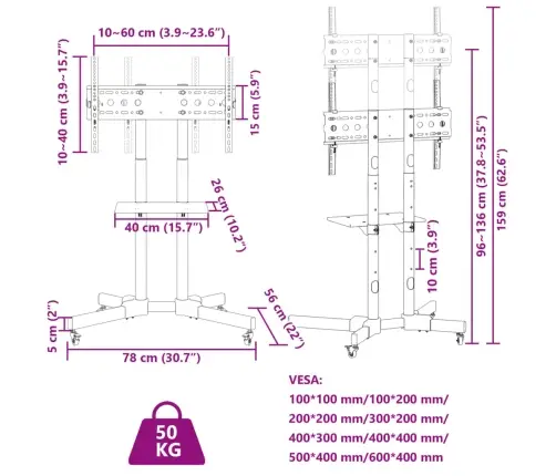 Tv Stovas Ant Ratukų 32-70 Colių Ekranui, 600X400 Mm, 50Kg