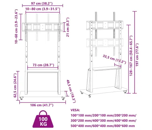 Tv Statīvs Uz Riteņiem, 32-90 Collu Ekrānam, 800X600 Mm, 100 Kg Vidaxl