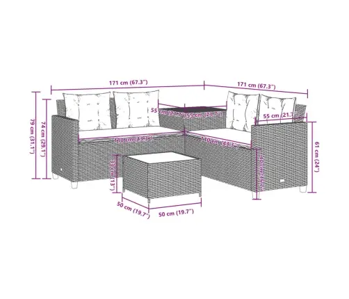 Sodo Sofa Su Stalu/Pagalvėlėmis, Juoda, Poliratanas, L Formos