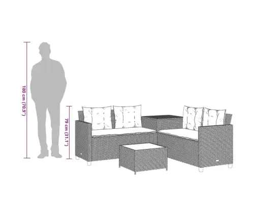 Sodo Sofa Su Stalu/Pagalvėlėmis, Juoda, Poliratanas, L Formos