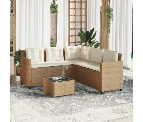 Sodo Sofa Su Stalu/Pagalvėlėmis, Smėlio, Poliratanas, L Formos