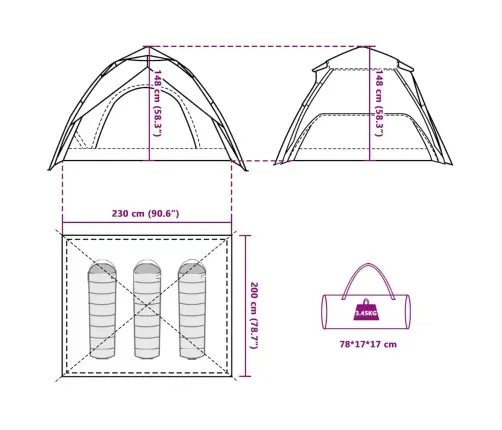 Kempinga Telts 3 Personām, Kupola Forma, Pelēka, Oranža Vidaxl