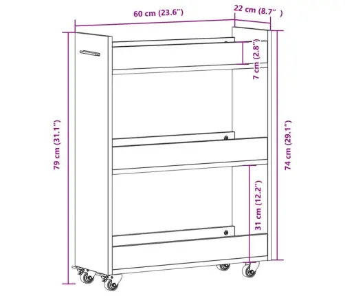 Spintelė Su Ratukais, Balta, 60X22X79cm Apdirbta Mediena