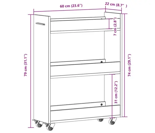 Skapītis Ar Riteņiem, Ozolkoka, 60X22X79 Cm, Inženierijas Koks Vidaxl