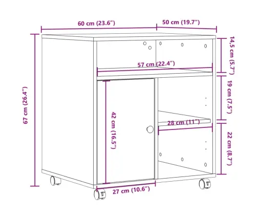 Printera Statīvs Ar Riteņiem, Pelēka Ozola, 60X50X67 Cm Vidaxl