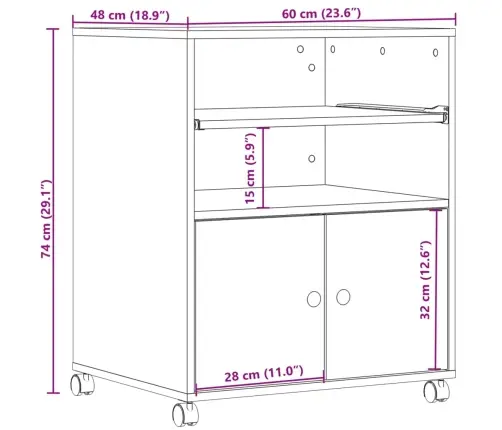 Ratastega Printerialus, Suitsutatud Tamm, 60X48X74 Cm