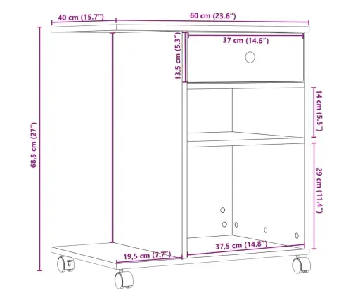 Ratastega Printerialus, Hall Sonoma Tamm, 60X40X68,5 Cm