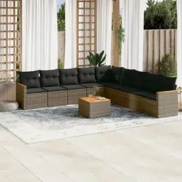 10-Daļīgs Dārza Dīvāna Komplekts Ar Matračiem, Pelēks Pe Pinums Vidaxl