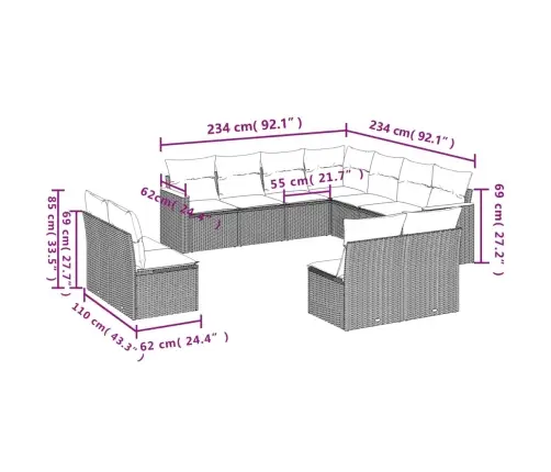11-Daļīgs Dārza Dīvāna Komplekts Ar Matračiem, Pelēks Pe Pinums Vidaxl