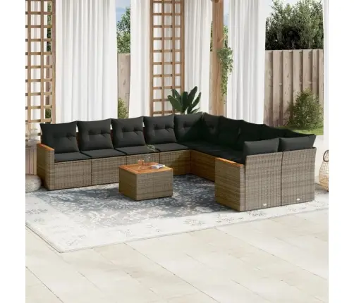 11-Daļīgs Dārza Dīvāna Komplekts Ar Matračiem, Pelēks Pe Pinums Vidaxl