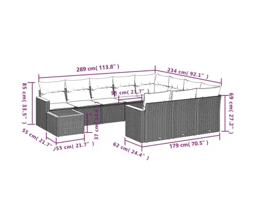 11-Daļīgs Dārza Dīvāna Komplekts Ar Matračiem, Pelēks Pe Pinums Vidaxl