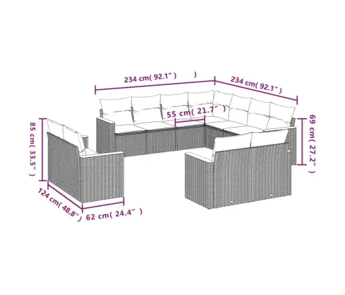 11-Daļīgs Dārza Dīvāna Komplekts Ar Matračiem, Pelēks Pe Pinums Vidaxl