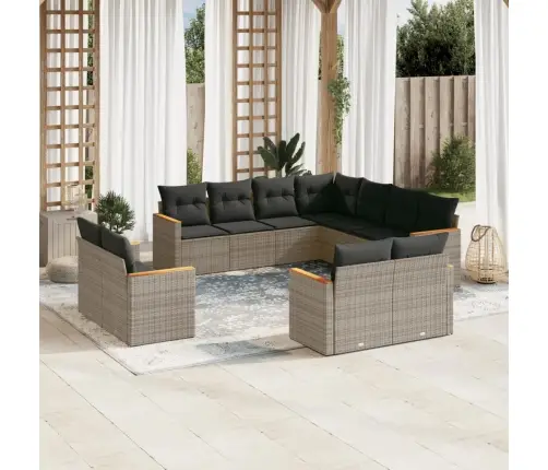 11-Daļīgs Dārza Dīvāna Komplekts Ar Matračiem, Pelēks Pe Pinums Vidaxl