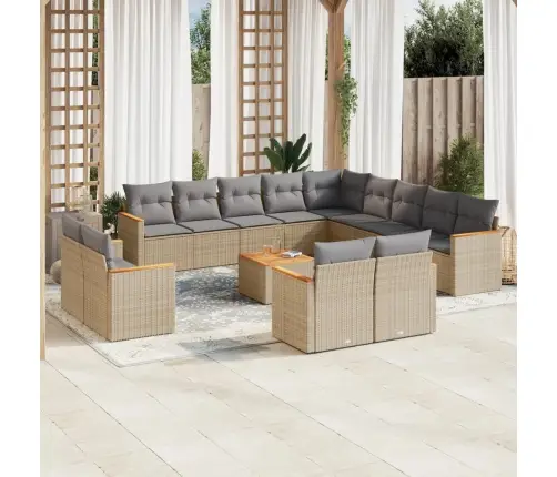 14-Daļīgs Dārza Dīvāna Komplekts, Matrači, Bēša Pe Rotangpalma Vidaxl