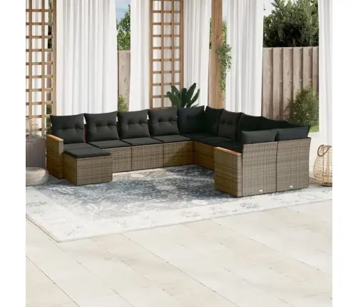 11-Daļīgs Dārza Dīvāna Komplekts Ar Matračiem, Pelēks Pe Pinums Vidaxl