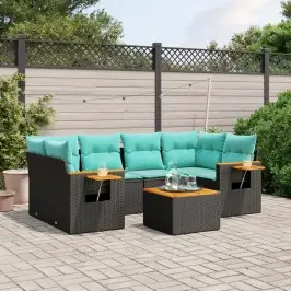 Sofos Komplektas Su Pagalvėlėmis, 7 Dalių, Juodas, Poliratanas