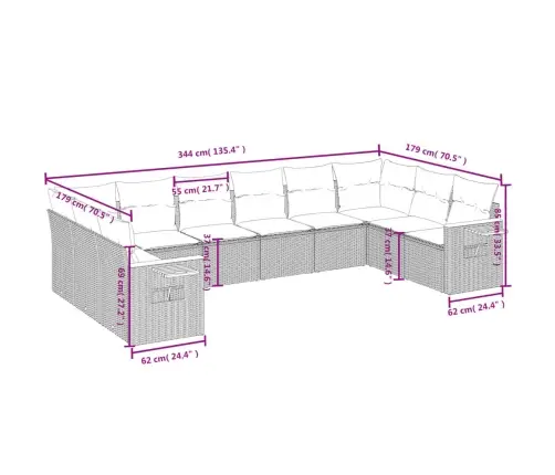 10-Daļīgs Dārza Dīvāna Komplekts, Matrači, Melna Pe Rotangpalma Vidaxl