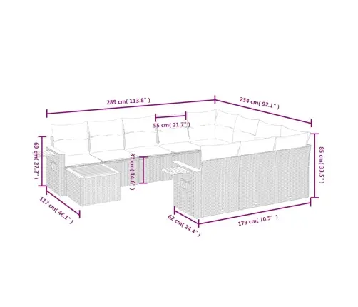 11-Daļīgs Dārza Dīvāna Komplekts Ar Matračiem, Pelēks Pe Pinums Vidaxl