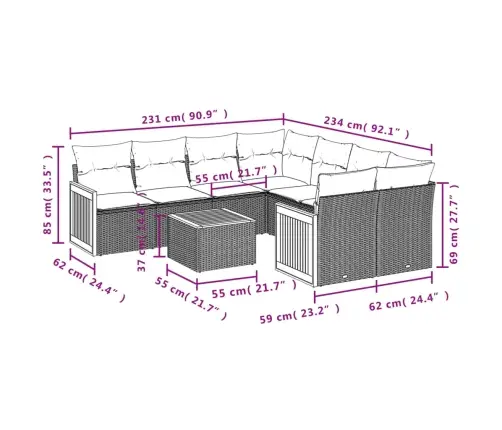 9-Daļīgs Dārza Dīvāna Komplekts, Matrači, Melna Pe Rotangpalma Vidaxl