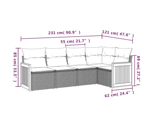 5-Osaline Aiamööblikomplekt Istmepatjadega, Polürotang, Hall
