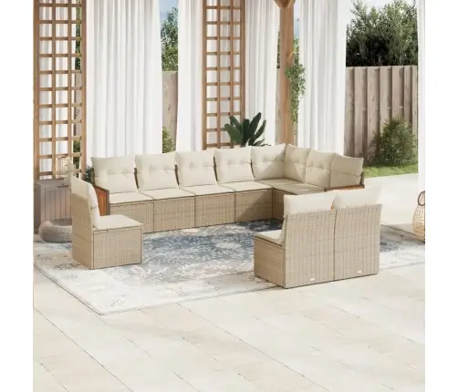 10-Daļīgs Dārza Dīvāna Komplekts, Matrači, Bēša Pe Rotangpalma Vidaxl