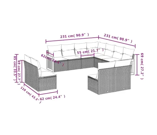 11-Daļīgs Dārza Dīvāna Komplekts, Matrači, Melna Pe Rotangpalma Vidaxl