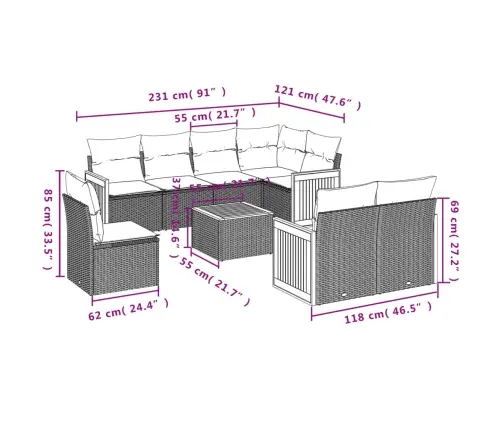 Sofos Komplektas Su Pagalvėlėmis, 9 Dalių, Pilkas, Poliratanas