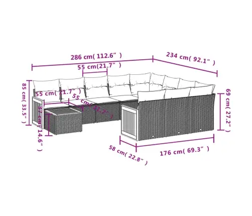 11-Daļīgs Dārza Dīvāna Komplekts, Matrači, Melna Pe Rotangpalma Vidaxl