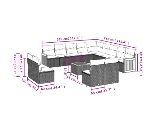 14-Daļīgs Dārza Dīvāna Komplekts, Matrači, Bēša Pe Rotangpalma Vidaxl