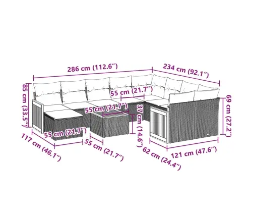 11-Daļīgs Dārza Dīvāna Komplekts, Matrači, Melna Pe Rotangpalma Vidaxl