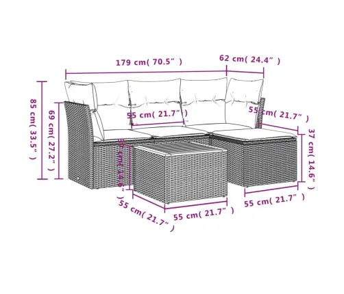 5-Osaline Aiamööblikomplekt Istmepatjadega, Polürotang, Hall