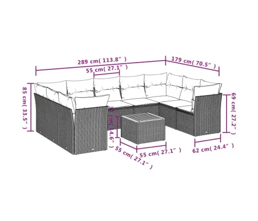 10-Daļīgs Dārza Dīvāna Komplekts Ar Matračiem, Pelēks Pe Pinums Vidaxl