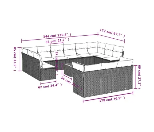 14-Daļīgs Dārza Dīvāna Komplekts, Matrači, Melna Pe Rotangpalma Vidaxl