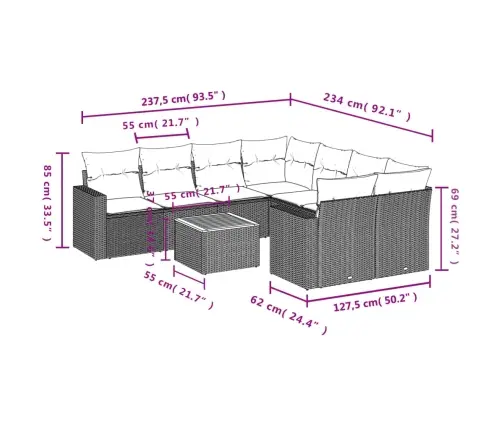 9-Daļīgs Dārza Dīvāna Komplekts Ar Matračiem, Pelēks Pe Pinums Vidaxl