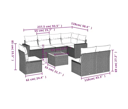 9-Daļīgs Dārza Dīvāna Komplekts, Matrači, Melna Pe Rotangpalma Vidaxl