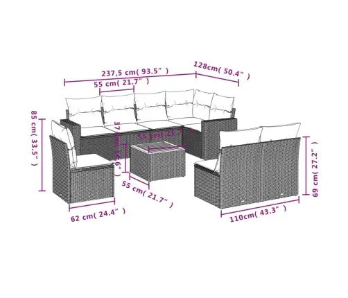 9-Daļīgs Dārza Dīvānu Komplekts, Matrači, Bēša Pe Rotangpalma Vidaxl