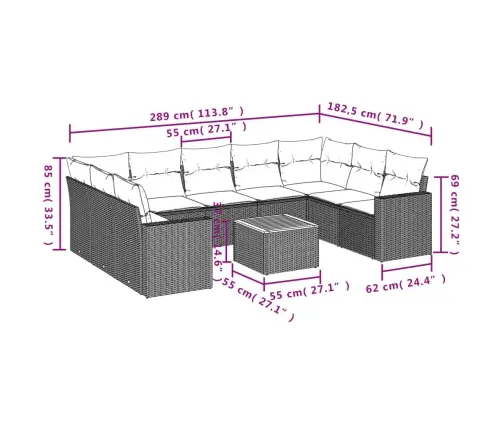 10-Daļīgs Dārza Dīvāna Komplekts Ar Matračiem, Pelēks Pe Pinums Vidaxl