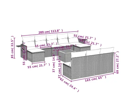 11-Daļīgs Dārza Dīvāna Komplekts Ar Matračiem, Pelēks Pe Pinums Vidaxl