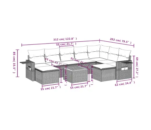 10-Daļīgs Dārza Dīvāna Komplekts, Matrači, Bēša Pe Rotangpalma Vidaxl