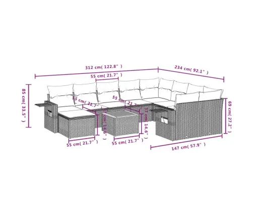 11-Daļīgs Dārza Dīvāna Komplekts Ar Matračiem, Pelēks Pe Pinums Vidaxl