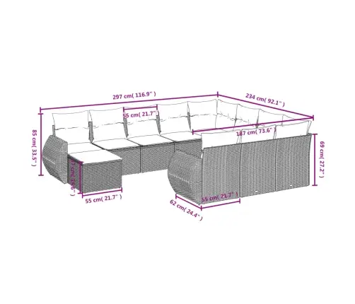 11-Daļīgs Dārza Dīvāna Komplekts Ar Matračiem, Pelēks Pe Pinums Vidaxl