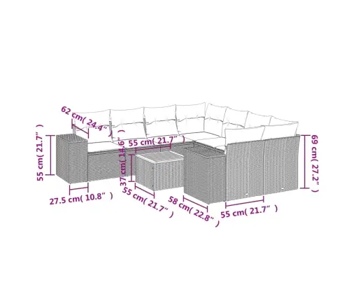 9-Daļīgs Dārza Dīvānu Komplekts, Matrači, Bēša Pe Rotangpalma Vidaxl
