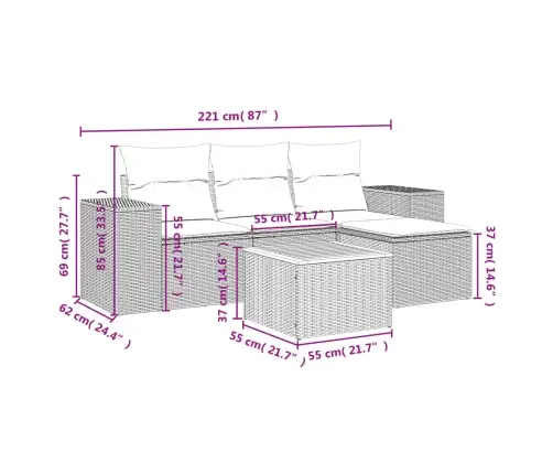 5-Osaline Aiamööblikomplekt Istmepatjadega, Polürotang, Hall