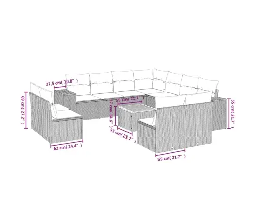 12-Daļīgs Dārza Atpūtas Mēbeļu Komplekts, Matrači, Pelēks Pe Vidaxl