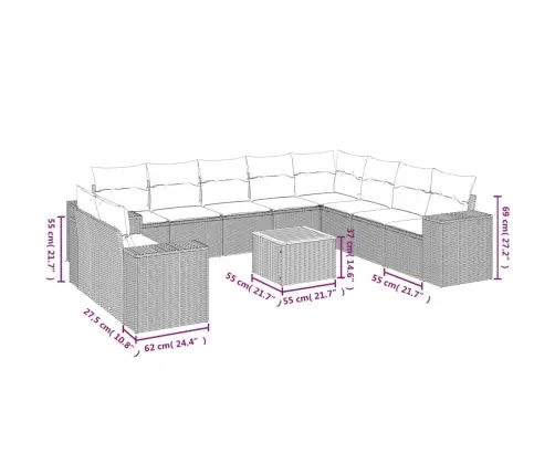 11-Daļīgs Dārza Dīvāna Komplekts, Matrači, Bēša Pe Rotangpalma Vidaxl