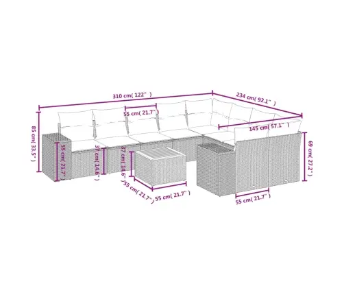 10-Daļīgs Dārza Dīvāna Komplekts Ar Matračiem, Pelēks Pe Pinums Vidaxl