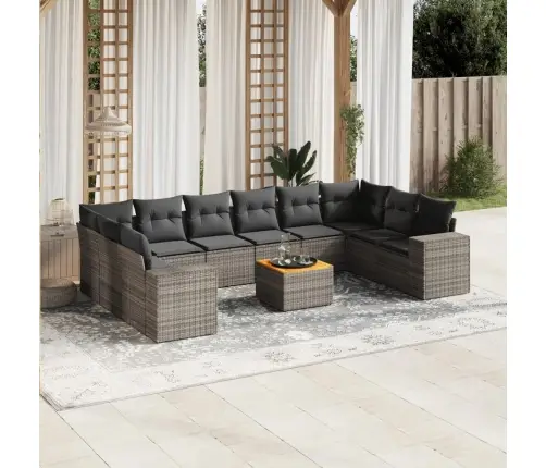 11-Daļīgs Dārza Dīvāna Komplekts Ar Matračiem, Pelēks Pe Pinums Vidaxl