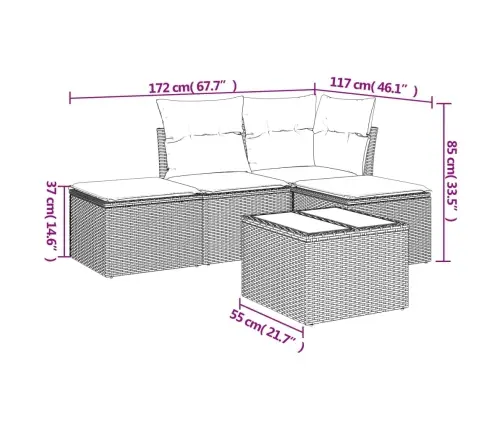5-Osaline Aiamööblikomplekt Istmepatjadega, Polürotang, Hall